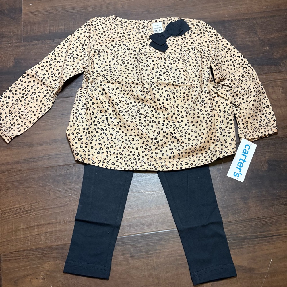 NWT Carter's Girls 2T 2pc Tan Leopard Print Top w/ Black Bow and Black Leggings